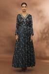 Samyukta Singhania_Black Embroidery V-neck Chevron And Floral Print Anarkali _Online_at_Aza_Fashions