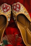 Shop_Loryphilory_Gold Embroidered Lalari Zardozi Juttis _at_Aza_Fashions