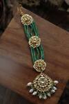 Shop_Paisley Pop_Green Kundan Floral Motif Carved Maangtikka _at_Aza_Fashions