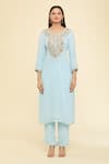 Samyukta Singhania_Sky Blue Kurta Georgette Embroidery Dori Round And Pant Set _Online_at_Aza_Fashions