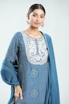 Buy_Samyukta Singhania_Blue Kurta Satin Silk Print Bandhani Round Floral Embroidered Yoke And Pant Set _Online_at_Aza_Fashions