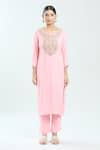 Samyukta Singhania_Pink Kurta Georgette Embroidery Floral Round Pittan And Pant Set _Online_at_Aza_Fashions