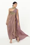 Buy_Rishi and Vibhuti_Purple Chanderi Silk Embroidered Sequin One-shoulder Vivi Draped Dress _at_Aza_Fashions