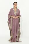 Buy_Rishi and Vibhuti_Purple Chanderi Silk Embroidered Lace V Neck Ivy Kaftan And Pant Set _at_Aza_Fashions