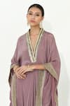 Rishi and Vibhuti_Purple Chanderi Silk Embroidered Lace V Neck Ivy Kaftan And Pant Set _Online_at_Aza_Fashions