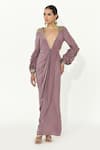 Buy_Rishi and Vibhuti_Purple Crepe Embroidered Plunging Daisy Draped Dress _at_Aza_Fashions