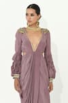 Rishi and Vibhuti_Purple Crepe Embroidered Plunging Daisy Draped Dress _Online_at_Aza_Fashions