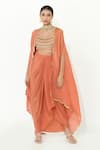 Buy_Rishi and Vibhuti_Coral Chanderi Embroidered Sequin Scoop Karl Cape Draped Skirt Set _at_Aza_Fashions