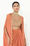 Buy_Rishi and Vibhuti_Coral Chanderi Embroidered Sequin Scoop Karl Cape Draped Skirt Set _Online_at_Aza_Fashions