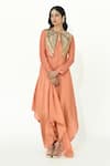 Buy_Rishi and Vibhuti_Coral Chanderi Silk Embroidered Sequin Apricot Asymmetric Maxi With Jacket _at_Aza_Fashions