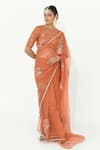 Buy_Rishi and Vibhuti_Coral Organza Embroidered Thread Round Amber Saree With Blouse _at_Aza_Fashions