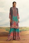 Buy_Rajdeep Ranawat_Blue Silk Printed Geometric Round Radha Long Kurta _at_Aza_Fashions