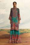 Shop_Rajdeep Ranawat_Blue Silk Printed Geometric Round Radha Long Kurta _Online_at_Aza_Fashions