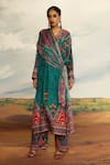 Buy_Rajdeep Ranawat_Green Silk Printed Geometric V Neck Banno Long Kurta _at_Aza_Fashions