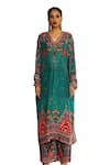 Rajdeep Ranawat_Green Silk Printed Geometric V Neck Banno Long Kurta _Online_at_Aza_Fashions