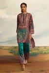 Buy_Rajdeep Ranawat_Blue Silk Printed Geometric Mandarin Collar Baaka Asymmetric Kurta 