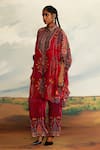 Shop_Rajdeep Ranawat_Red Silk Print Tribal Art Collar Neck Kamara And Embroidered Tunic _Online_at_Aza_Fashions