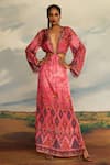 Buy_Rajdeep Ranawat_Pink Silk Print Primitive Bloom Plunging V Shaya And Embroidered Maxi Dress _at_Aza_Fashions