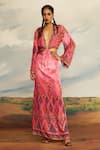 Rajdeep Ranawat_Pink Silk Print Primitive Bloom Plunging V Shaya And Embroidered Maxi Dress _Online_at_Aza_Fashions