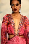 Buy_Rajdeep Ranawat_Pink Silk Print Primitive Bloom Plunging V Shaya And Embroidered Maxi Dress 