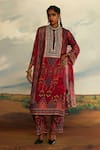 Buy_Rajdeep Ranawat_Red Silk Printed Geometric Band Collar Champa Abstract Kurta _at_Aza_Fashions