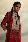 Buy_Rajdeep Ranawat_Red Silk Printed Geometric Band Collar Champa Abstract Kurta 