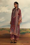 Shop_Rajdeep Ranawat_Red Silk Printed Geometric Stripe Band Collar Gayatri Kurta _Online_at_Aza_Fashions