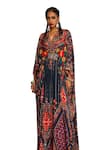 Rajdeep Ranawat_Grey Silk Printed Floral V Neck Imama Kaftan _Online_at_Aza_Fashions