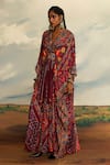 Buy_Rajdeep Ranawat_Red Silk Printed Floral V Neck Imama Stripe Kaftan _at_Aza_Fashions