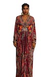 Rajdeep Ranawat_Red Silk Printed Floral V Neck Imama Stripe Kaftan _Online_at_Aza_Fashions