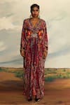 Buy_Rajdeep Ranawat_Red Silk Printed Floral V Neck Imama Stripe Kaftan _Online_at_Aza_Fashions