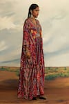 Shop_Rajdeep Ranawat_Red Silk Printed Floral V Neck Imama Stripe Kaftan _Online_at_Aza_Fashions