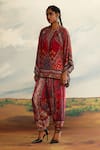 Buy_Rajdeep Ranawat_Red Silk Printed Chevron Mandarin Collar Ramona Geometric Poncho Tunic _at_Aza_Fashions