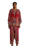 Rajdeep Ranawat_Red Silk Printed Chevron Mandarin Collar Ramona Geometric Poncho Tunic _Online_at_Aza_Fashions