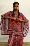 Buy_Rajdeep Ranawat_Red Silk Printed Chevron Mandarin Collar Ramona Geometric Poncho Tunic 