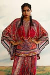 Shop_Rajdeep Ranawat_Red Silk Printed Chevron Mandarin Collar Ramona Geometric Poncho Tunic 