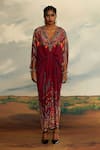 Buy_Rajdeep Ranawat_Red Silk Print Floral V-neck Rasika Kaftan _Online_at_Aza_Fashions