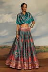 Buy_Rajdeep Ranawat_Blue Modal Satin Print Tribal Cowl Varsha Leela Draped Blouse With Lehenga _at_Aza_Fashions