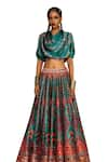 Rajdeep Ranawat_Blue Modal Satin Print Tribal Cowl Varsha Leela Draped Blouse With Lehenga _Online_at_Aza_Fashions