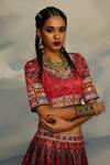 Rajdeep Ranawat_Red Kota Silk Print Tribal V-neck Leela Blouse And Lehenga Set _at_Aza_Fashions