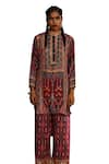 Rajdeep Ranawat_Red Silk Printed Tribal Band High Low Kurta _Online_at_Aza_Fashions