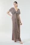 Buy_Babita Malkani_Brown Crepe Embellished Sequin V Neck Detailed Yoke Draped Gown _at_Aza_Fashions