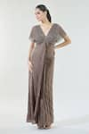 Buy_Babita Malkani_Brown Crepe Embellished Sequin V Neck Detailed Yoke Draped Gown _Online_at_Aza_Fashions