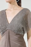 Babita Malkani_Brown Crepe Embellished Sequin V Neck Detailed Yoke Draped Gown _at_Aza_Fashions