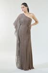 Buy_Babita Malkani_Brown Crepe Embroidered Sequin One Shoulder Kaftan Dress _at_Aza_Fashions