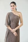 Babita Malkani_Brown Crepe Embroidered Sequin One Shoulder Kaftan Dress _at_Aza_Fashions