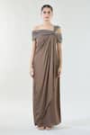 Babita Malkani_Brown Chiffon Sequin Asymmetric Cascading Draped Detailed Dress _Online_at_Aza_Fashions