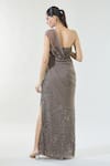 Shop_Babita Malkani_Brown Chiffon Embroidered Sequin Asymmetric Luttice Detailed Drape Dress _at_Aza_Fashions