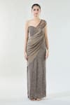 Babita Malkani_Brown Chiffon Embroidered Sequin Asymmetric Luttice Detailed Drape Dress _Online_at_Aza_Fashions