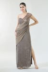 Buy_Babita Malkani_Brown Chiffon Embroidered Sequin Asymmetric Luttice Detailed Drape Dress _Online_at_Aza_Fashions